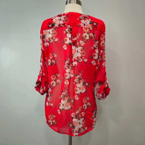 Kut From The Kloth Roll Tab Floral Red V-Neck Pink Blouse Shirt Sheer Top Small - Picture 7 of 11